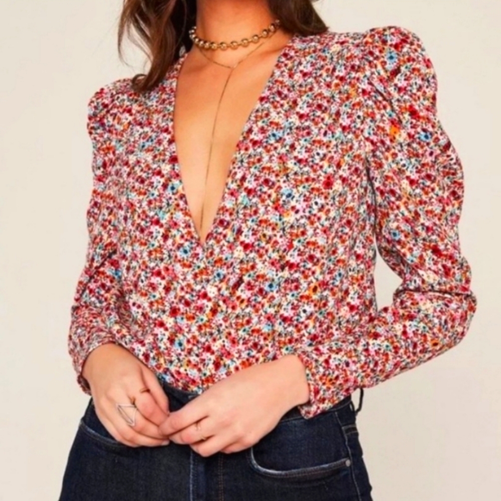 AFRM Red Ditsy Floral Print Long Sleev Bodysuit, Size S